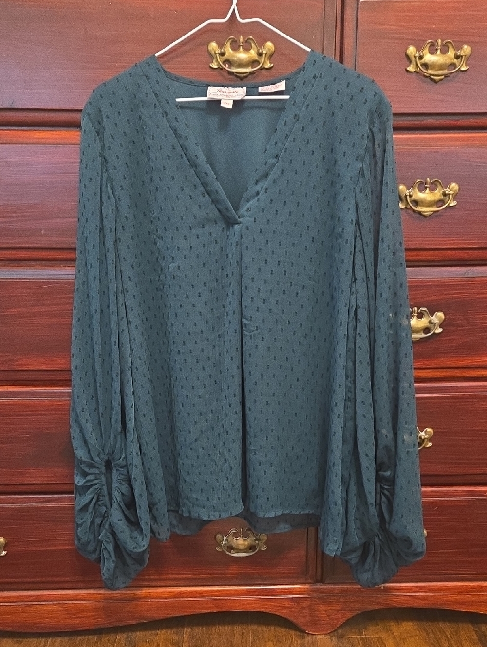 Panhandle Dark Green W/Black Textured V‑Neck Blouse with Balloon Sleeves XXL
